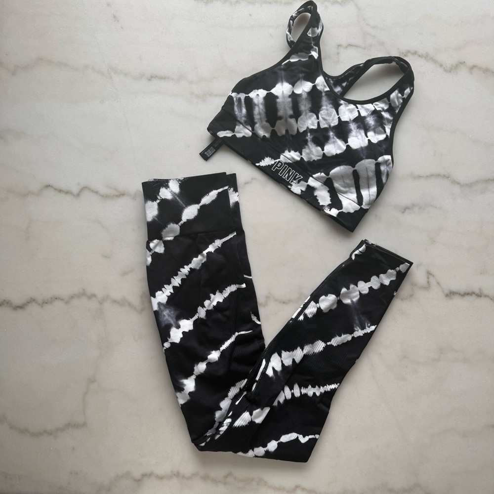 VS PINK Black and White Tie-Dye Sports Bra and Leggings Set